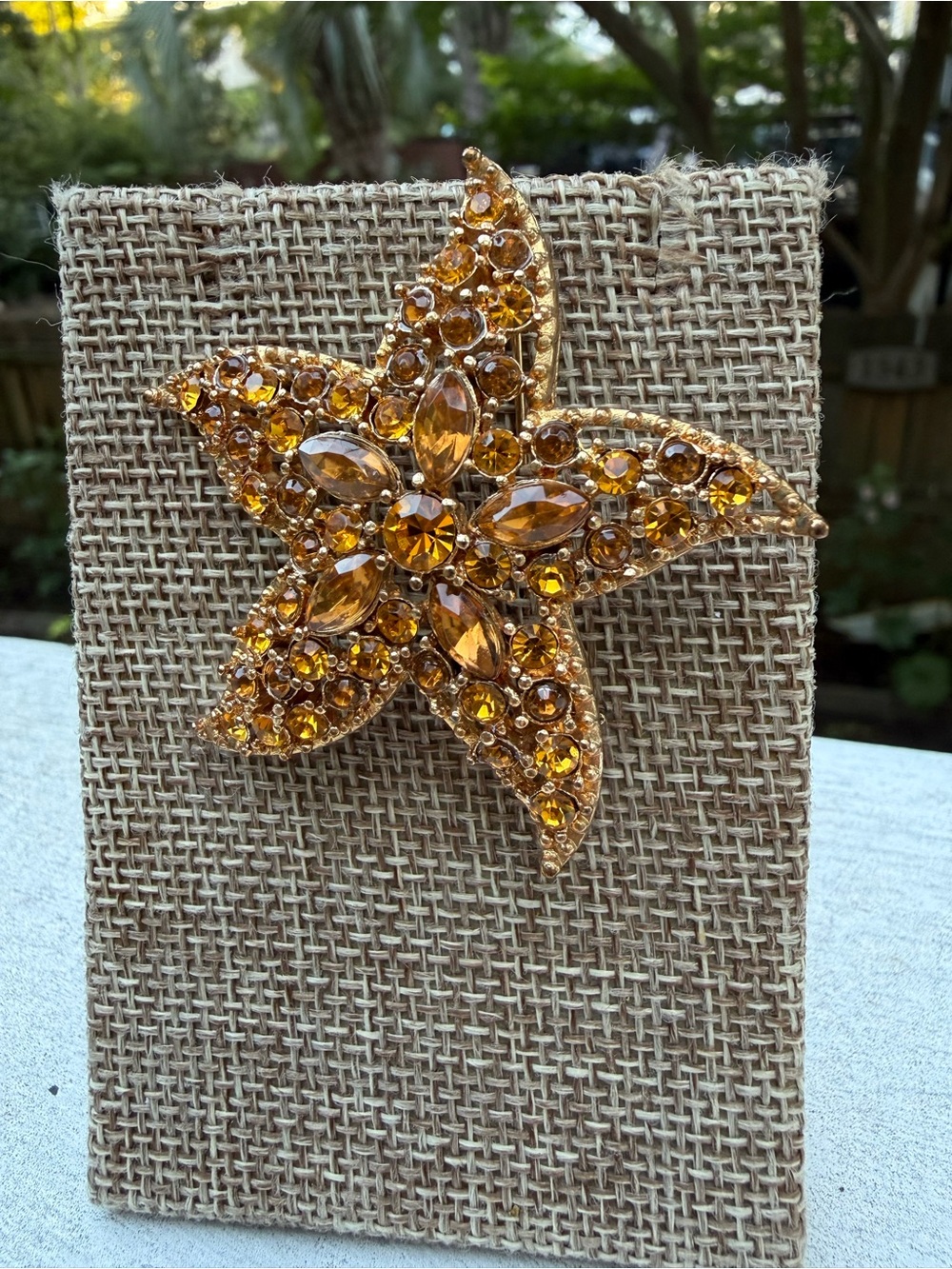 Vintage Golden Amber Starfish Brooch with Faceted Rhinestones